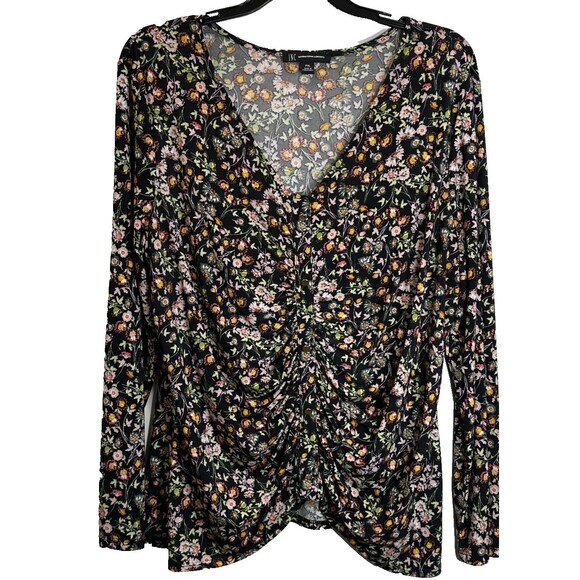INC International Concepts Top Sz PL Floral Ruched Front Button Up V-Neck Blouse - Picture 1 of 11
